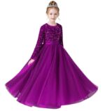 Glitter Sequins Long Sleeves Flower Girls Dresses for Wedding Tulle Birthday Party Christmas Dress for Girl(Purple)
