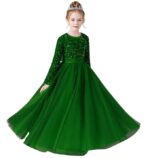 Glitter Sequins Long Sleeves Flower Girls Dresses for Wedding Tulle Birthday Party Christmas Dress for Girl(Green)