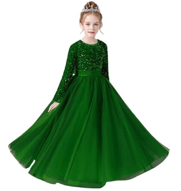 Glitter Sequins Long Sleeves Flower Girls Dresses for Wedding Tulle Birthday Party Christmas Dress for Girl(Green)