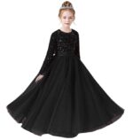 Glitter Sequins Long Sleeves Flower Girls Dresses for Wedding Tulle Birthday Party Christmas Dress for Girl（Black）