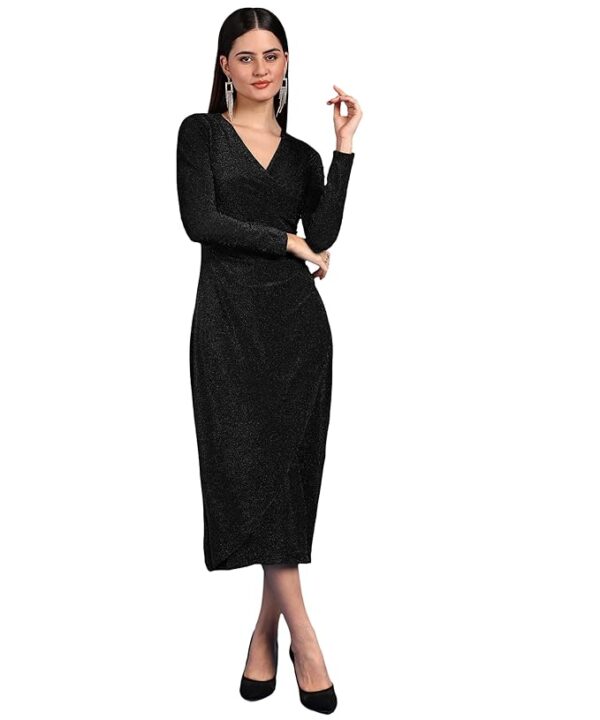 Women's Stylish Casual Evening Textured Full Sleeve V-Neck Bodycon Body Fitted Midi Dress, Maroon
