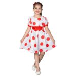 Kids Girls White Polka Dot Frock Dress with Flower Belt | All Occasions Wear Dress For Girls（Red）
