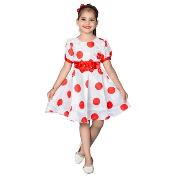 Kids Girls White Polka Dot Frock Dress with Flower Belt | All Occasions Wear Dress For Girls（Red）