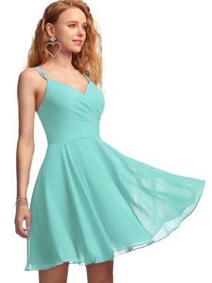 Solid A-Line V-Neck Chiffon Homecoming & Prom Party Dress – Short Ruffle Mini Cocktail Dress with Spaghetti Straps, Back Zip and Lining(Aqua Blue)