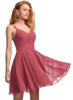 Solid A-Line V-Neck Chiffon Homecoming & Prom Party Dress – Short Ruffle Mini Cocktail Dress with Spaghetti Straps, Back Zip and Lining（Wine）