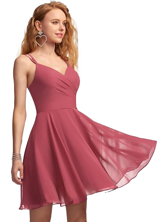 Solid A-Line V-Neck Chiffon Homecoming & Prom Party Dress – Short Ruffle Mini Cocktail Dress with Spaghetti Straps, Back Zip and Lining（Wine）