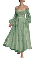 Women's Puffy Sleeve Tulle Prom Dresses Tea Length Pink Flower Lace Formal Evening Gowns