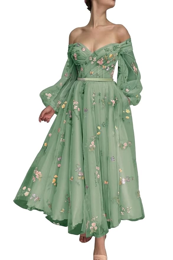Women's Puffy Sleeve Tulle Prom Dresses Tea Length Pink Flower Lace Formal Evening Gowns