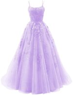 Tulle Lace Appliques Prom Dresses Long Ball Gown for Women Spaghetti Straps Corset Backless Evening Dress