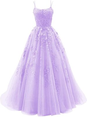Tulle Lace Appliques Prom Dresses Long Ball Gown for Women Spaghetti Straps Corset Backless Evening Dress