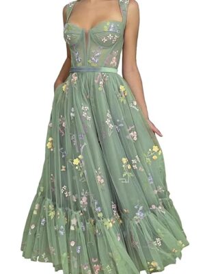 Puffy Sleeve Prom Dresses Flower Embroidery Tulle Backless A-line Lace Formal Evening Party Gown for Women