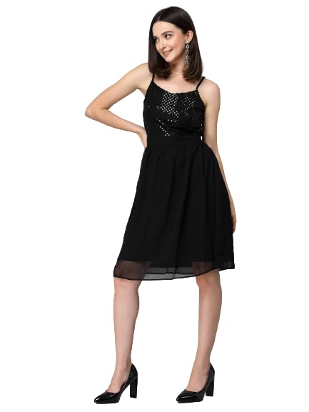 Women Black Sequined Georgette Fit and Flare Evening Prom Dress (Black)