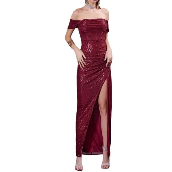 Sexy Sequin Off-Shoulder High Slit Backless Prom Gown Cocktail Party Dress for Women Claret (Red)