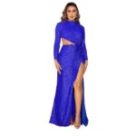 Women's Sexy Blue Sequin Backless Glitter Side Slit Prom Gown Cocktail Party Dress for Women (Blue)