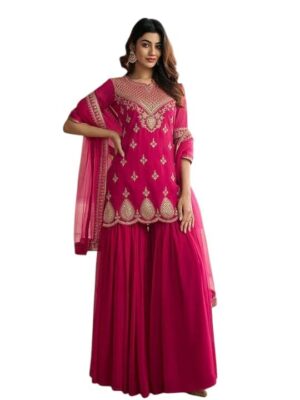 Women’s Georgette Sharara Set with Dupatta | Embroidered Short Kurti with Half Sleeves | Party, Ethnic Dress for Wedding, Haldi & Festive Occasions