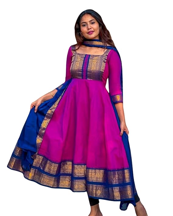 Elegant Zari Jacquard Weaving Gown with Lace Border Dupatta – Traditional Indian Ethnic Wear for Weddings, Festivals, and Special Occasions