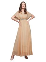 Women's V-Neck Flared/Bell Sleeves Fit & Flare Maxi Dress (Peach)