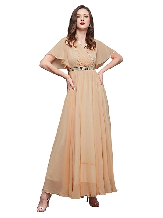 Women's V-Neck Flared/Bell Sleeves Fit & Flare Maxi Dress (Peach)