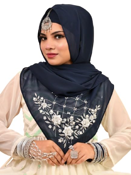 Luxury Bridal Hijab Scarf With Handwork（Navy Blue）