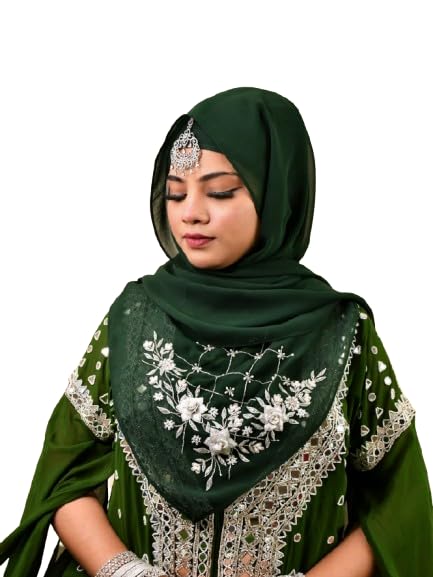 Luxury Bridal Hijab Scarf With Handwork(Bottle Green)