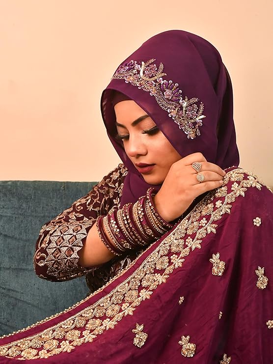 Luxury Bridal Hijab Scarf With Handwork(Purple)