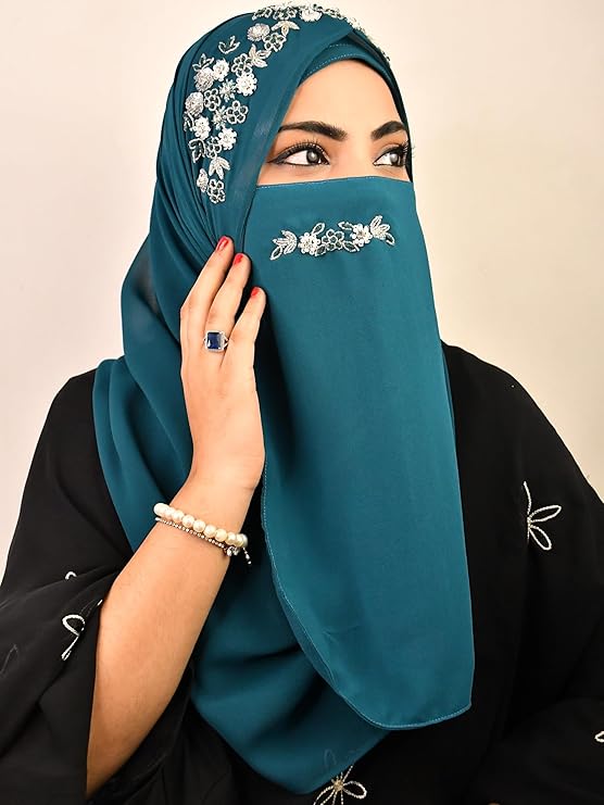 Luxury Bridal Hijab Scarf With Handwork Naqab Wear For Party And Any Occesion (Teal)