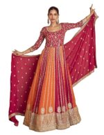 Women's Pink Chinon Stitched Gown with Dupatta 3/4 Sleeve Embroidered Anarkali Gown (ME-1231)