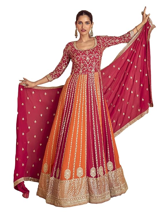 Women's Pink Chinon Stitched Gown with Dupatta 3/4 Sleeve Embroidered Anarkali Gown (ME-1231)