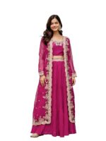 Women's Soft Organza Embroidery Crop Top with Flared Pleated Skirt and Shrug Set