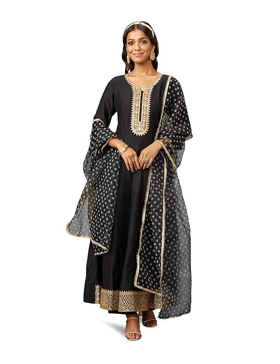 Women's Embroidered Anarkali Kurta Pant Set with Organza Dupatta | Viscose,Rayon | Black