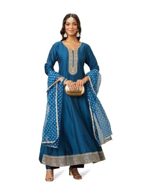 Women's Embroidered Anarkali Kurta Pant Set with Organza Dupatta | Viscose,Rayon | Teal Blue