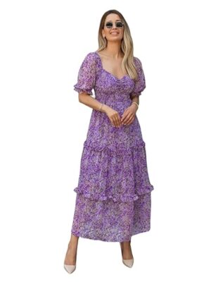 Women's Floral Puff Sleeve High Waist A Line Flowy Long Dress