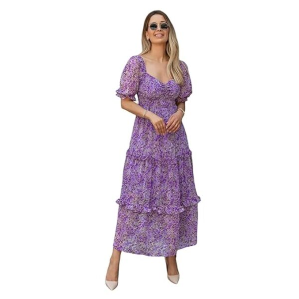 Women's Floral Puff Sleeve High Waist A Line Flowy Long Dress