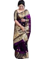 Women's Banarasi Silk Saree with Intricate Gold Zari Weaving & Unstitched Blouse Piece – Traditional Indian Wedding Attire（Mahi Wine）