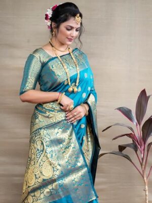 Women's Banarasi Silk Saree with Intricate Gold Zari Weaving & Unstitched Blouse Piece – Traditional Indian Wedding Attire( Mahi Firoji)