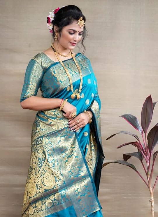 Women's Banarasi Silk Saree with Intricate Gold Zari Weaving & Unstitched Blouse Piece – Traditional Indian Wedding Attire（ Mahi Firoji）