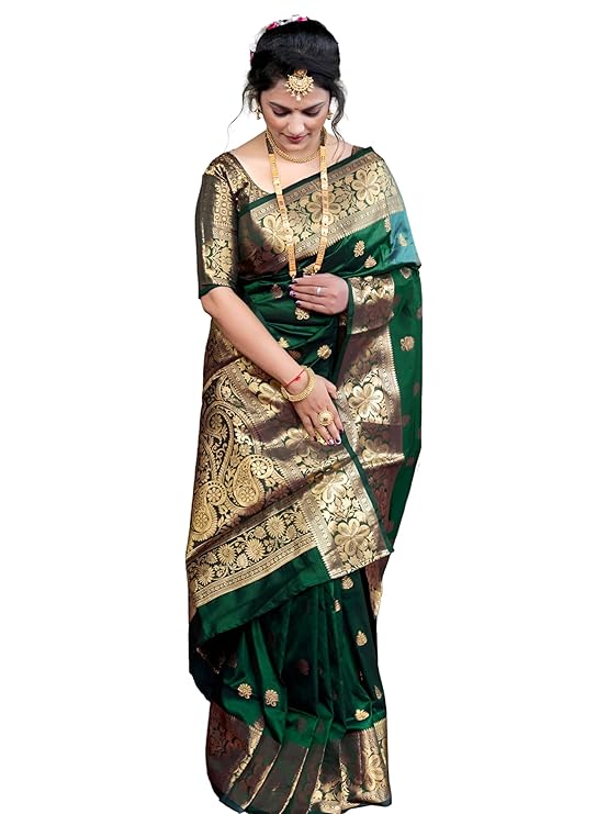 Women's Banarasi Silk Saree with Intricate Gold Zari Weaving & Unstitched Blouse Piece – Traditional Indian Wedding Attire( Mahi Green)