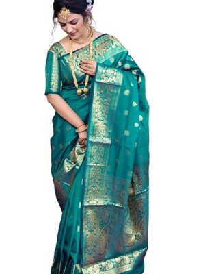 Women's Banarasi Silk Saree with Intricate Gold Zari Weaving & Unstitched Blouse Piece – Traditional Indian Wedding Attire( Mahi Rama)