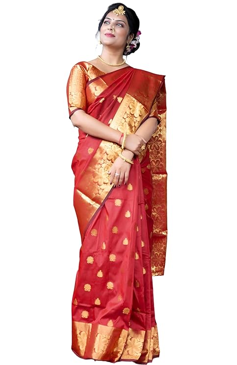 Women's Banarasi Silk Saree with Intricate Gold Zari Weaving & Unstitched Blouse Piece – Traditional Indian Wedding Attire（ Mahi Red）