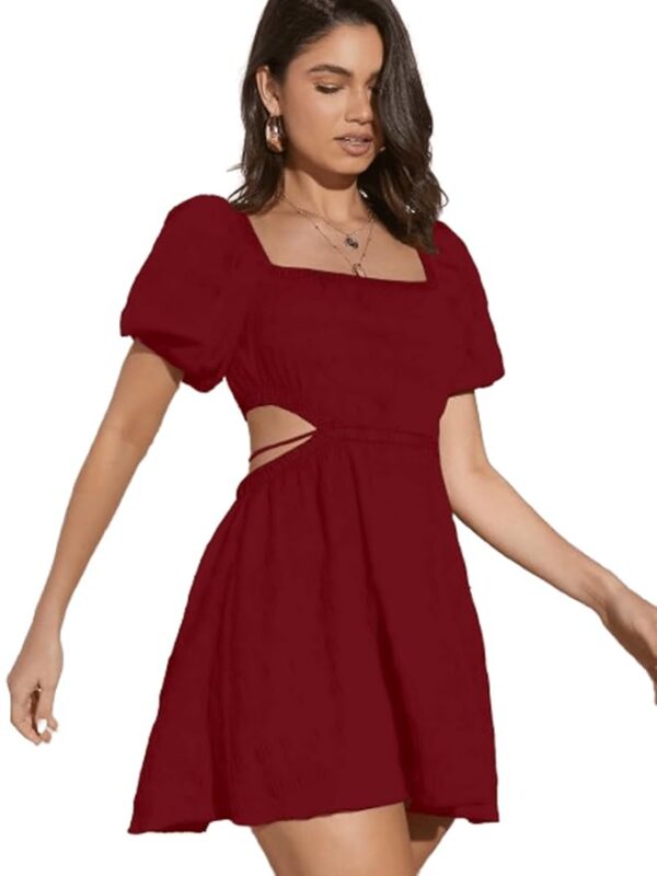 Women's & Girl's Fit And Flare Solid Summer Beach Square Neck Puff Sleeve Cut Out Waist Mini Dress