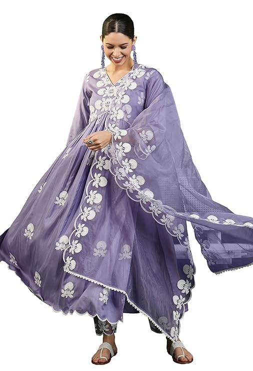 Women's Silk Blend Chain Work Embroidered A Line Kurta with Pant Set For Wedding, Ethnic Wear (Lavender)