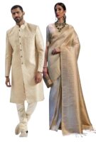 Traditional Indian Wedding Attire Set, Cream Brocade Sherwani (M) and Silk Saree Without Blouse, Ethnic Formal Wear