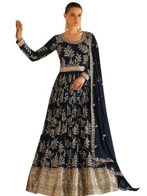 Blue Faux Georgette Full Sleeve Anarkali Gown with Dupatta | Embroidered Indian Dress for Weddings & Festivals | Elegant and Stylish Traditional Ethnic Attire