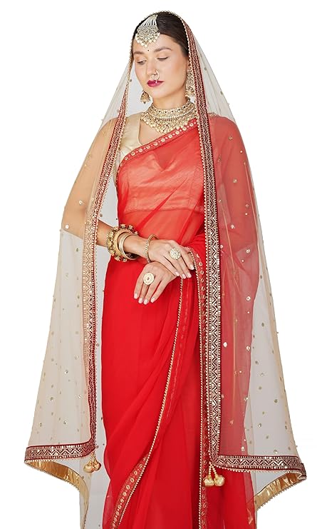 Wedding Bridal Women's Net Dupatta With Resham Embroidery Border Traditional