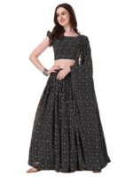 Women's Georgette Lehenga - Bandhani Work, Semi Stitched Lehenga - Black - Ideal For Weddings Family Functions (Black)