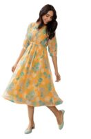 Women's Fit and Flare Midi Dobby Georgette Floral Printed Flared Dress （Mustard）
