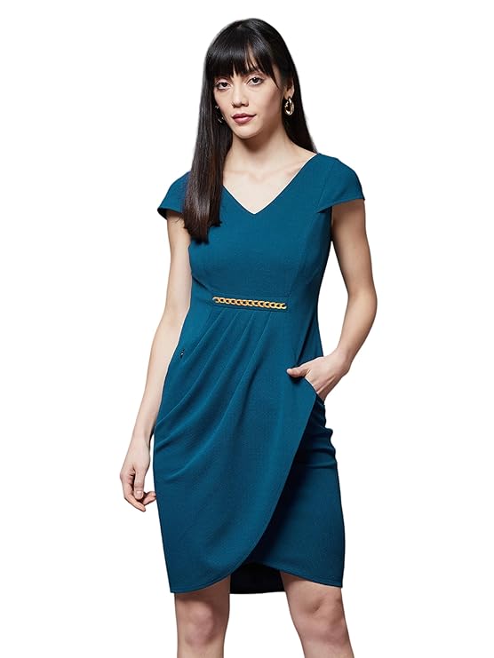 Women's Fit and Flare Knee Length Solid V-Neck Cap Sleeves Polyester Side Pocketed Dress