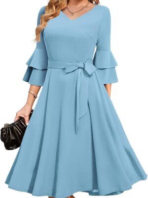 Women's Plus Size 3/4th Bell Sleeves Bridesmaid Dresses (Sky Blue)