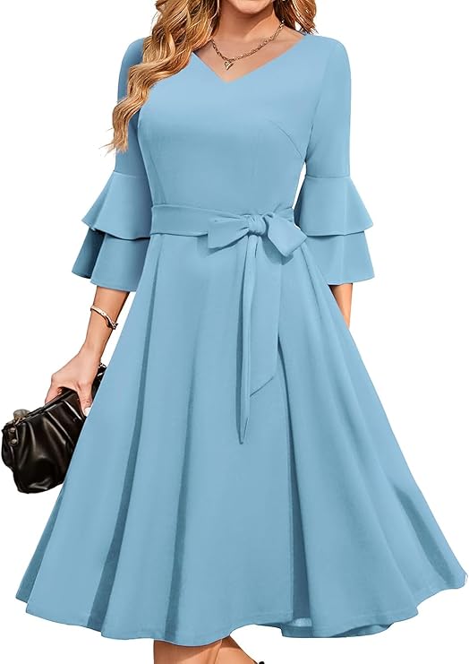 Women's Plus Size 3/4th Bell Sleeves Bridesmaid Dresses （Sky Blue）