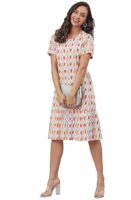 Women's Cotton Printed A-Line Western Knee-Length Dress(Light Pink)